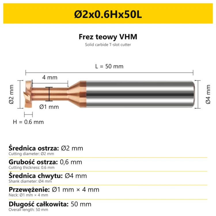Frez teowy VHM — wymiary Ø2x0.6Hx50L