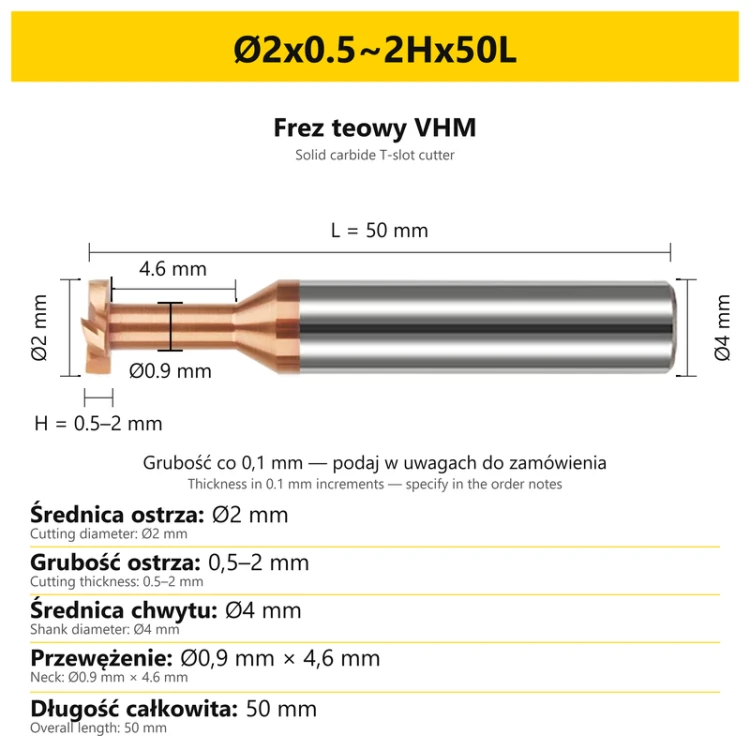 Frez teowy VHM — wymiary Ø2x0.5~2Hx50L