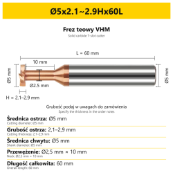 Frez teowy VHM — wymiary Ø5x2.1~2.9Hx60L