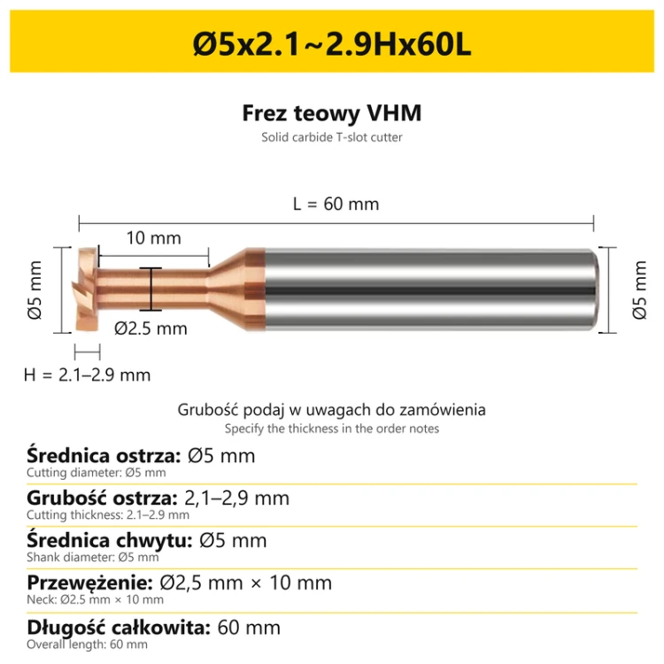 Frez teowy VHM — wymiary Ø5x2.1~2.9Hx60L