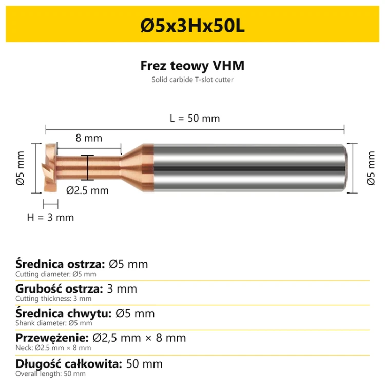 Frez teowy VHM — wymiary Ø5x3Hx50L