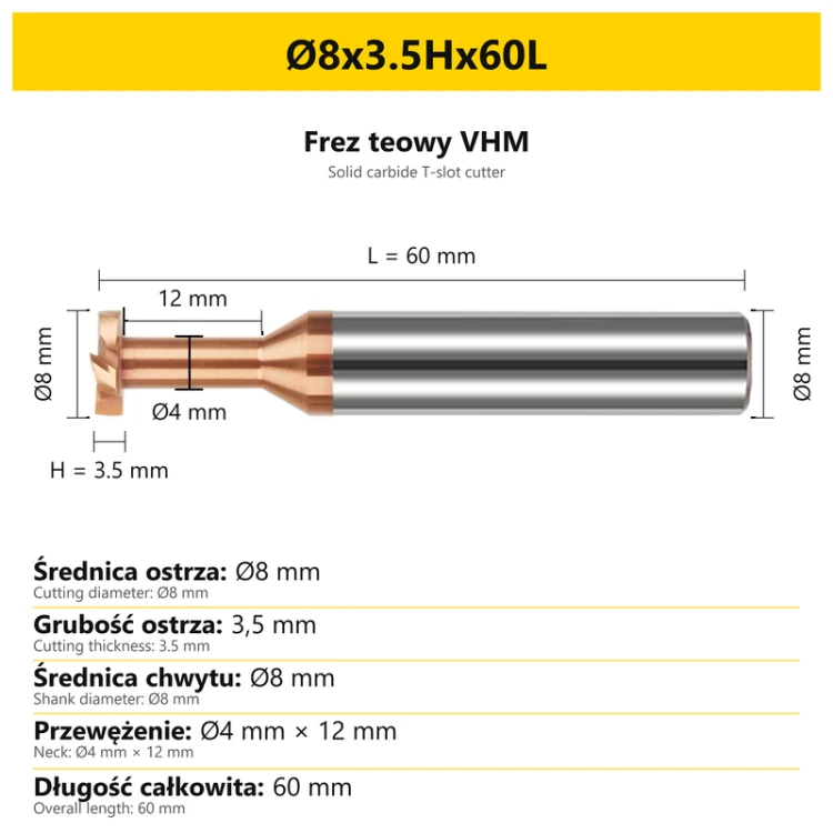Frez teowy VHM — wymiary Ø8x3.5Hx60L