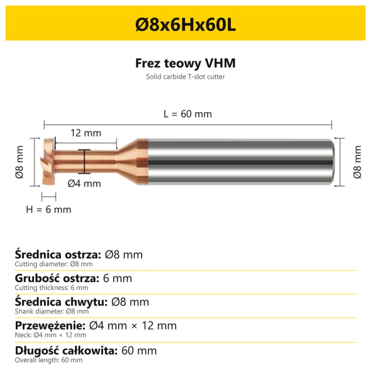 Frez teowy VHM — wymiary Ø8x6Hx60L