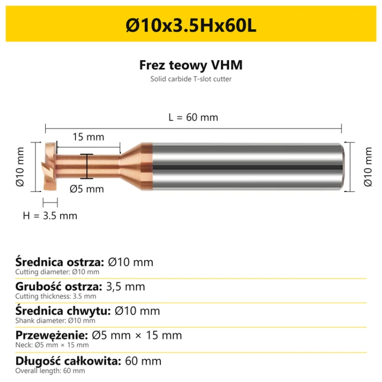 Frez teowy VHM — wymiary Ø10x3.5Hx60L
