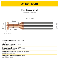 Frez teowy VHM — wymiary Ø11x1Hx60L