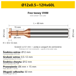 Frez teowy VHM — wymiary Ø12x0.5~12Hx60L