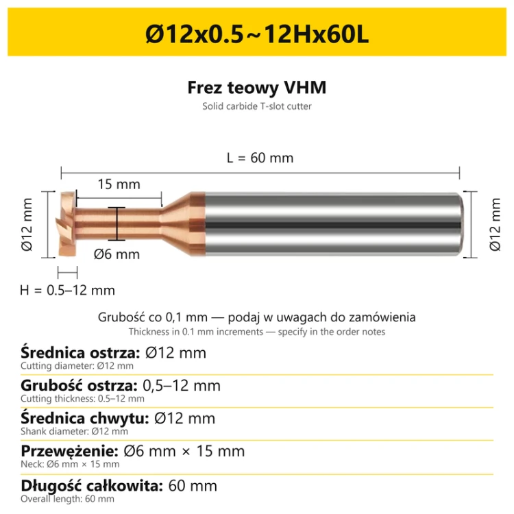 Frez teowy VHM — wymiary Ø12x0.5~12Hx60L