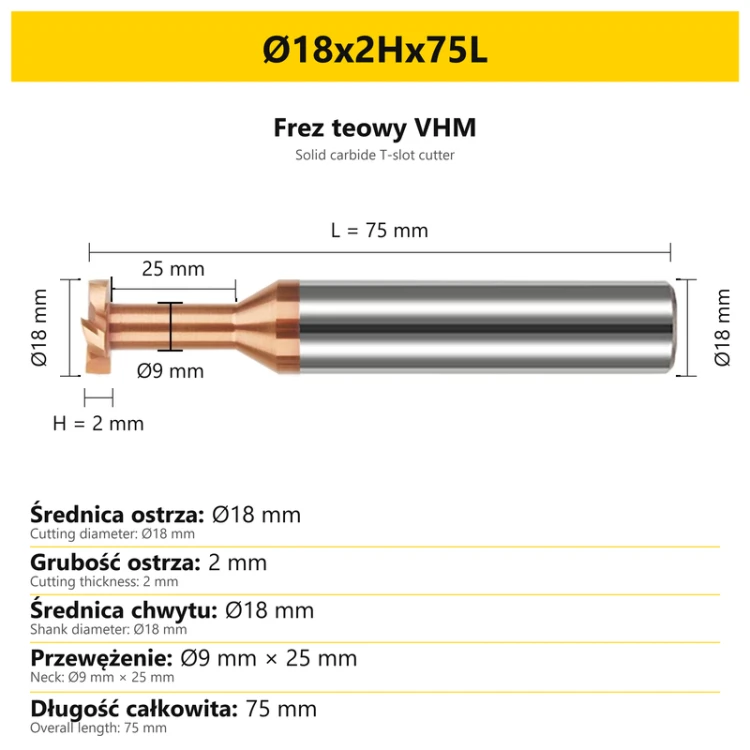 Frez teowy VHM — wymiary Ø18x2Hx75L