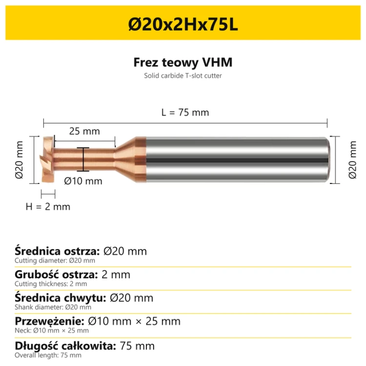 Frez teowy VHM — wymiary Ø20x2Hx75L