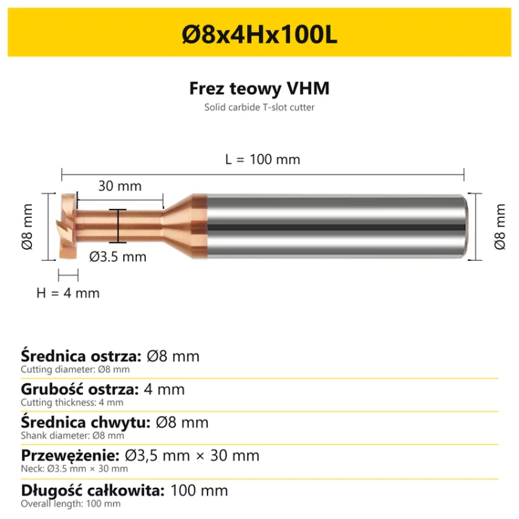 Frez teowy VHM — wymiary Ø8x4Hx100L