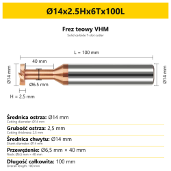 Frez teowy VHM — wymiary Ø14x2.5Hx6Tx100L