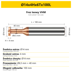 Frez teowy VHM — wymiary Ø14x4Hx6Tx100L
