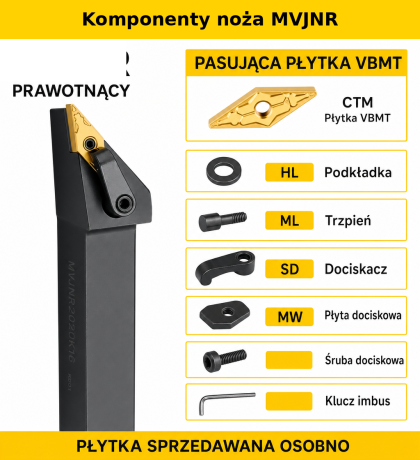 Przejdź do produktu Nóż tokarski (v) MVJNR MVJNL na płytki VNMG bocian do obróbki zewnętrznej o kącie 93 stopni