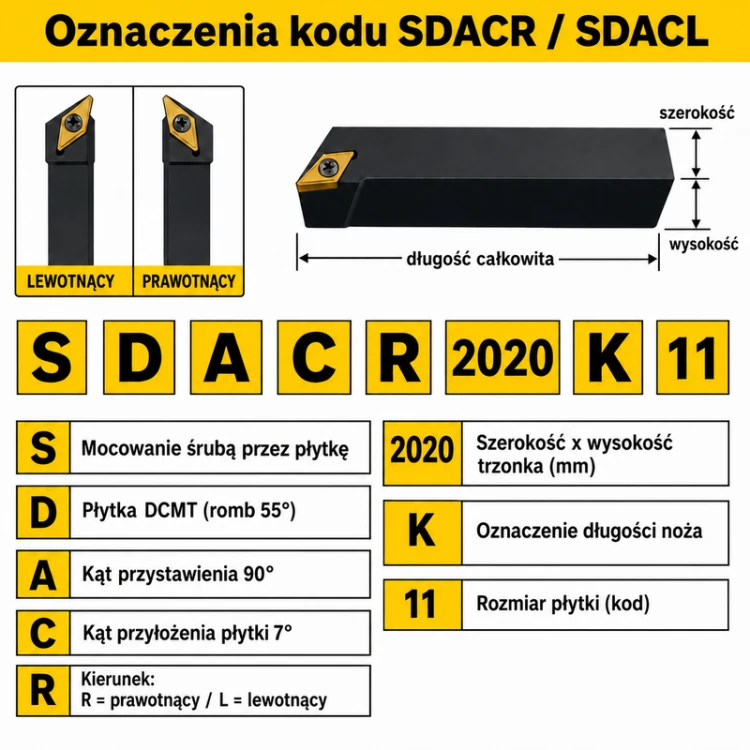 SDACR / SDACL — DCMT, oznaczenia kątów i rozmiaru