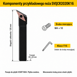 SVQCR2020K16 — przykładowe komponenty VCMT1604, M4 × 10, T15