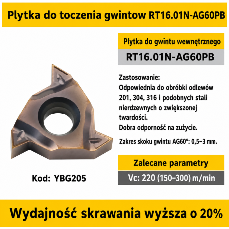 Przejdź do produktu Płytka do toczenia gwintów 11ER 16ER 22ER + IR wewnętrzne, gatunek do stali hartowanej YZ5010A, profil ISO/UN/NPT/BSPT/trapezowy Tr, kąt 60°