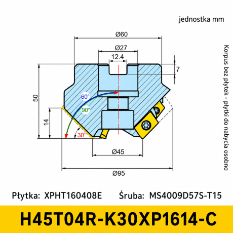 Przejdź do produktu Głowica frezarska do fazowania H45T04R, kąty 30-75°, na płytki XPHT160408