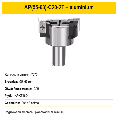 Przejdź do produktu Głowica frezarska mostkowa z regulowaną średnicą do aluminium – APKT1604 90° / SEHT1204 45°