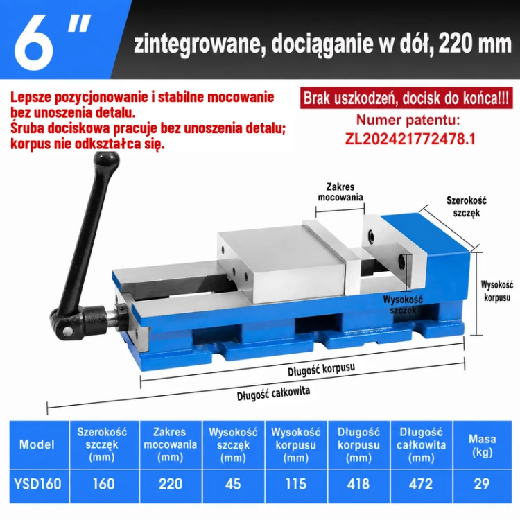 YSD160 6 in pull-down machine vise, 220 mm - corrected dimensions