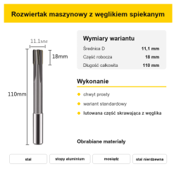 Rozwiertak maszynowy H7 standardowy Ø11,1 mm – wymiary
