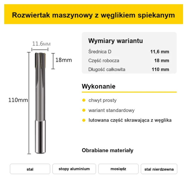 Rozwiertak maszynowy H7 standardowy Ø11,6 mm – wymiary