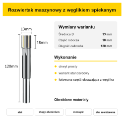 Rozwiertak maszynowy H7 standardowy Ø13 mm – wymiary
