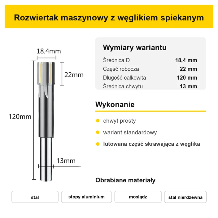 Rozwiertak maszynowy H7 standardowy Ø18,4 mm – wymiary