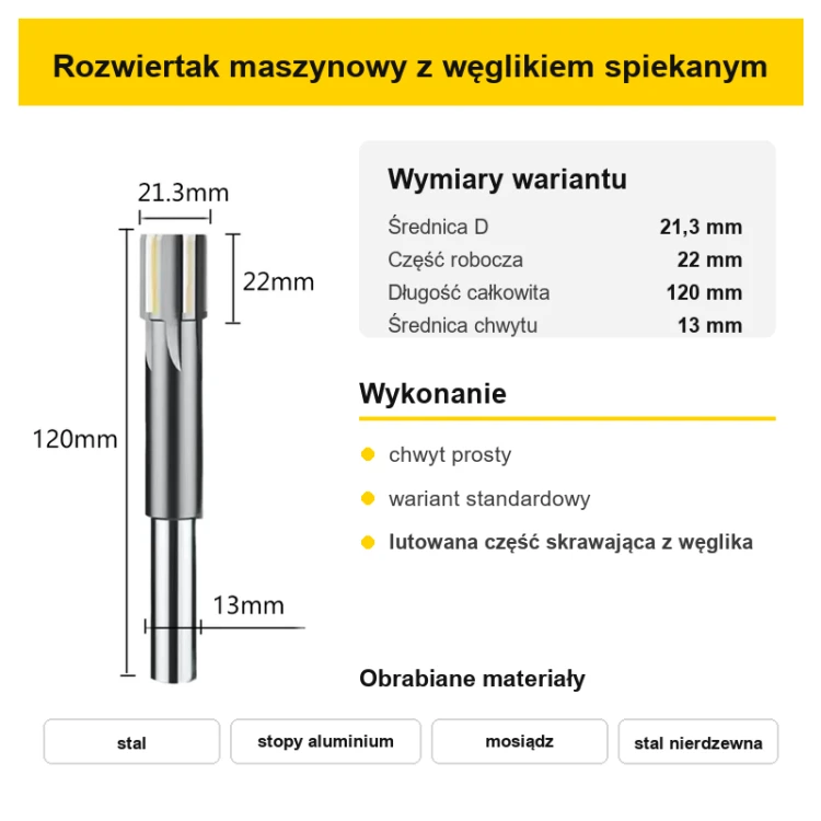 Rozwiertak maszynowy H7 standardowy Ø21,3 mm – wymiary