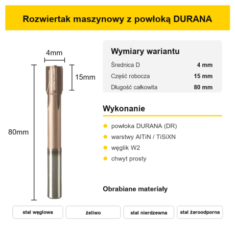 Przejdź do produktu Rozwiertak maszynowy H7 z powłoką DURANA (DR) – chwyt prosty Ø4–25 mm