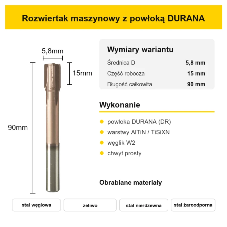Rozwiertak maszynowy H7 DURANA (DR) Ø5,8 mm – wymiary