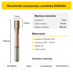 Rozwiertak maszynowy H7 DURANA (DR) Ø7 mm – wymiary