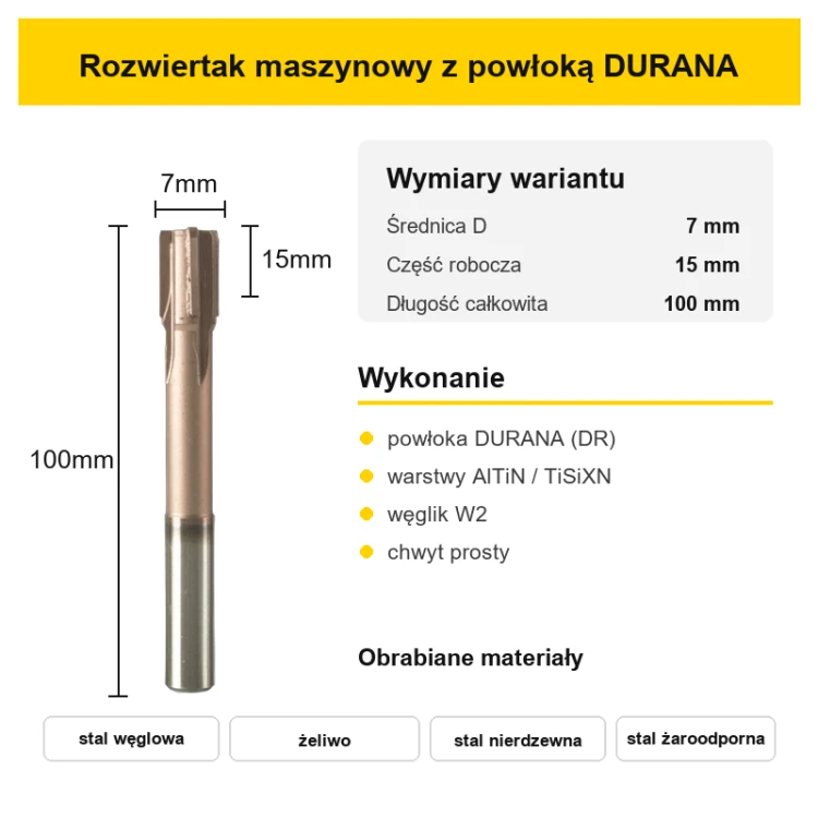 Rozwiertak maszynowy H7 DURANA (DR) Ø7 mm – wymiary