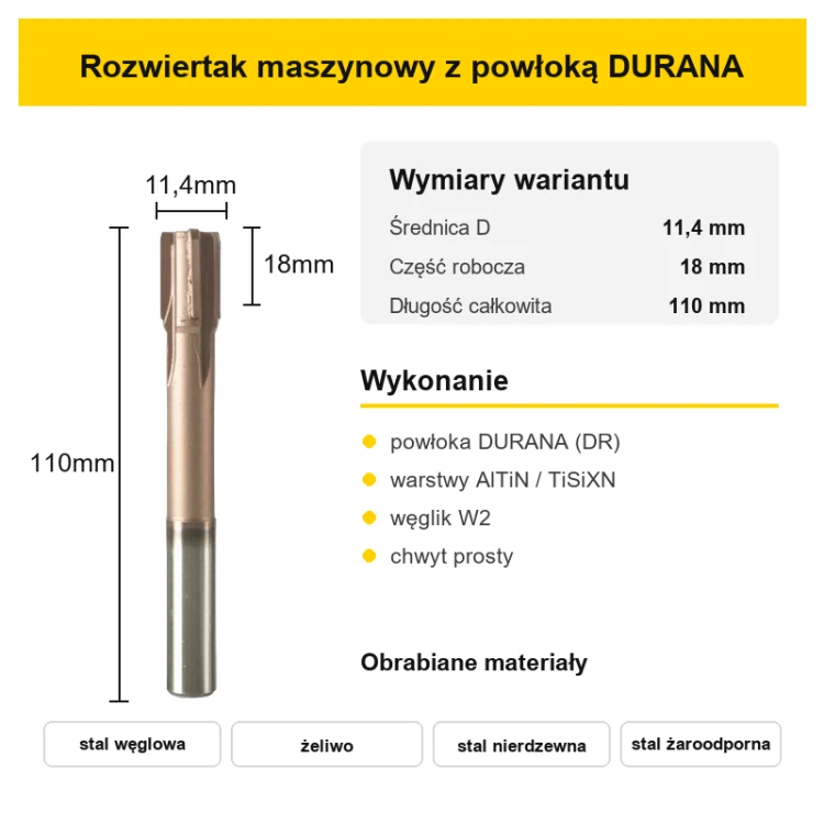 Rozwiertak maszynowy H7 DURANA (DR) Ø11,4 mm – wymiary