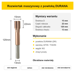 Rozwiertak maszynowy H7 DURANA (DR) Ø15 mm – wymiary