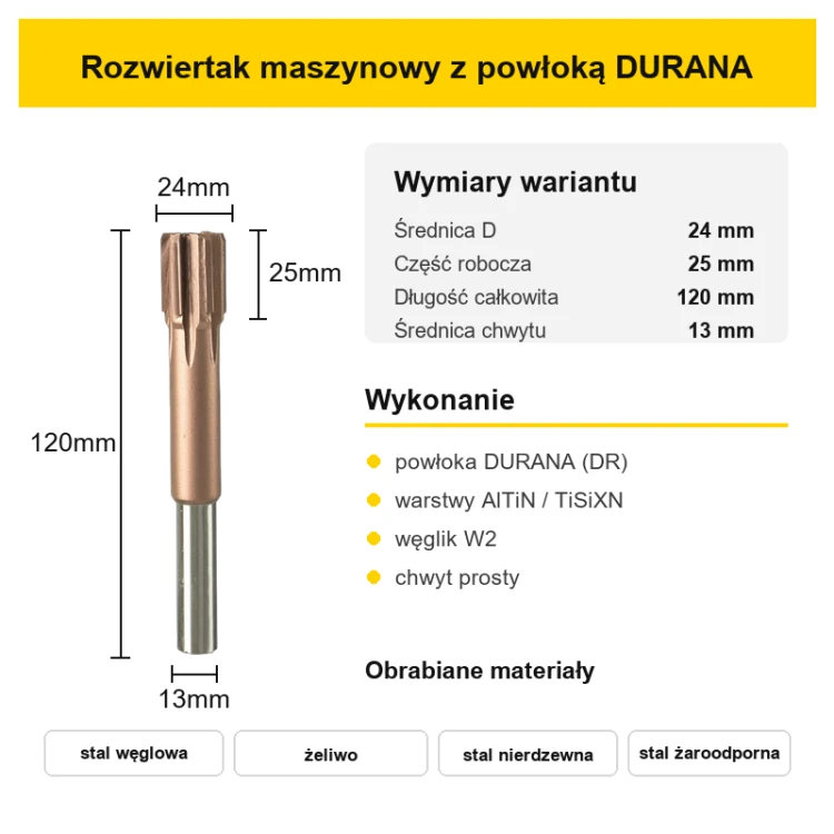 Rozwiertak maszynowy H7 DURANA (DR) Ø24 mm – wymiary
