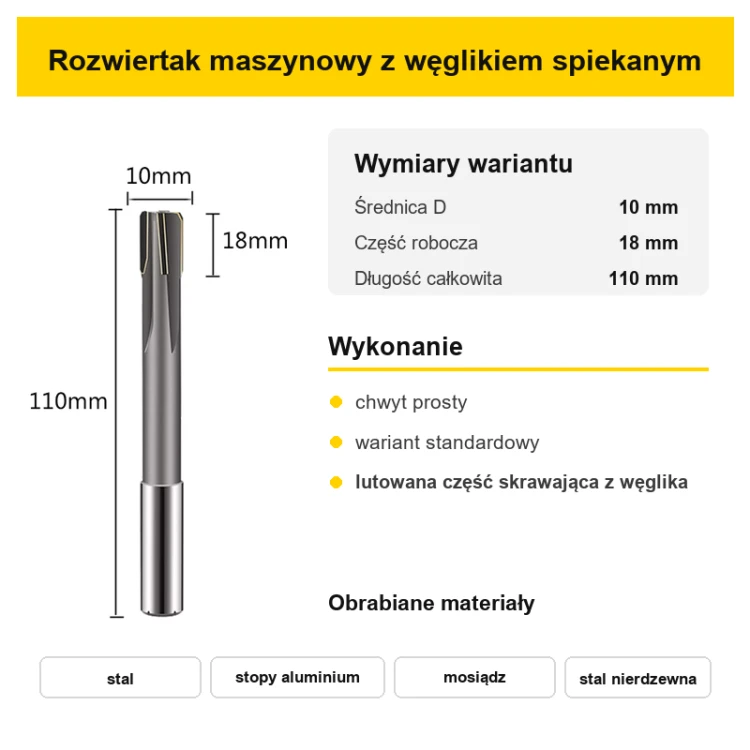 Rozwiertak maszynowy H7 standardowy Ø10 mm – wymiary
