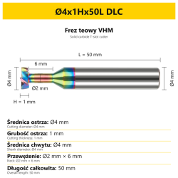DLC solid carbide T-slot cutter — dimensions Ø4x1Hx50L DLC