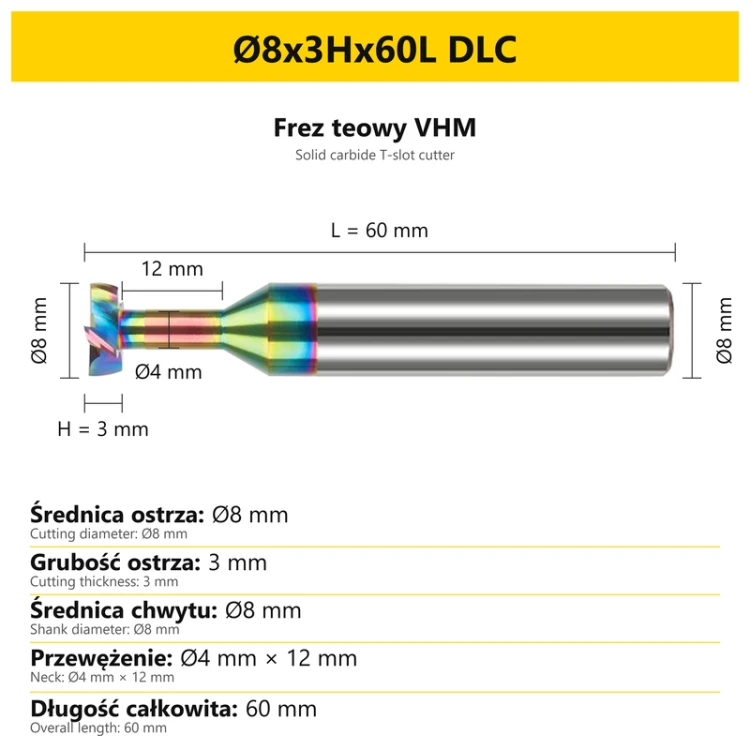 DLC solid carbide T-slot cutter — dimensions Ø8x3Hx60L DLC
