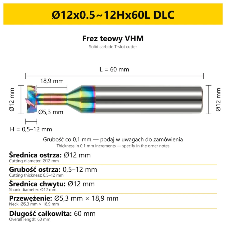 DLC solid carbide T-slot cutter — dimensions Ø12x0.5~12Hx60L DLC