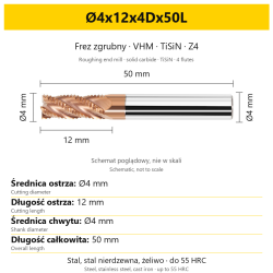 Frez zgrubny VHM TiSiN Z4 Ø4x12x4Dx50L