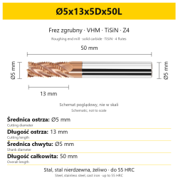 Frez zgrubny VHM TiSiN Z4 Ø5x13x5Dx50L