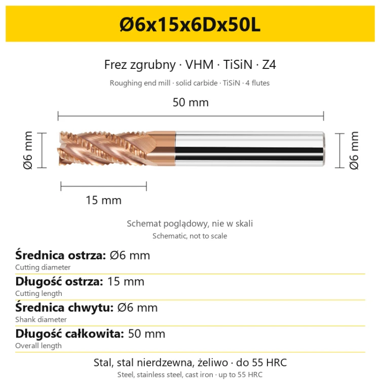 Frez zgrubny VHM TiSiN Z4 Ø6x15x6Dx50L