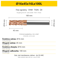 Frez zgrubny VHM TiSiN Z4 Ø16x45x16Lx100L