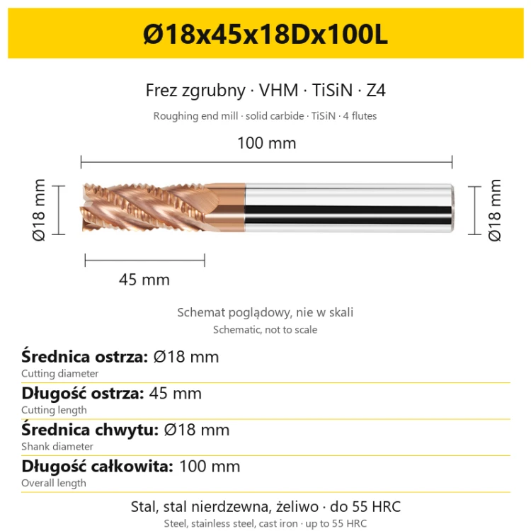 Frez zgrubny VHM TiSiN Z4 Ø18x45x18Dx100L