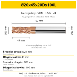 Frez zgrubny VHM TiSiN Z4 Ø20x45x20Dx100L