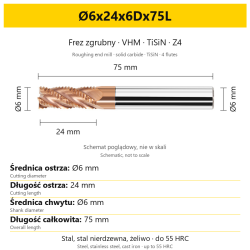 Frez zgrubny VHM TiSiN Z4 Ø6x24x6Dx75L
