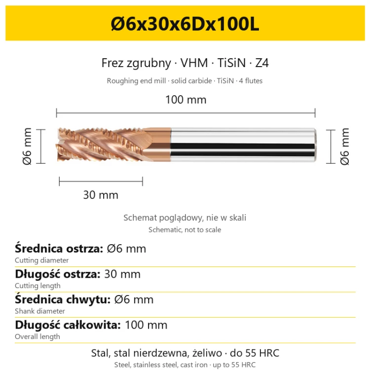 Frez zgrubny VHM TiSiN Z4 Ø6x30x6Dx100L