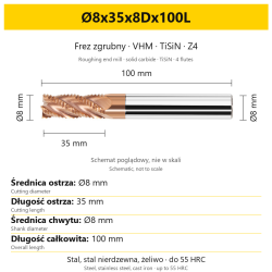 Frez zgrubny VHM TiSiN Z4 Ø8x35x8Dx100L