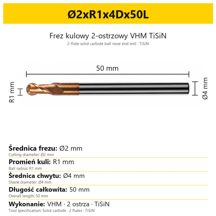 TiSiN carbide ball nose end mill Ø2xR1x4Dx50L