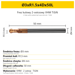 TiSiN carbide ball nose end mill Ø3xR1.5x4Dx50L